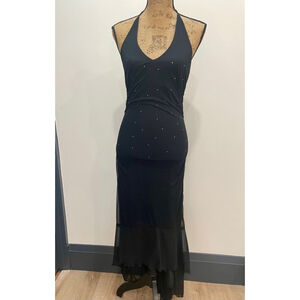 Vintage Y2K 90s Halter Micro Mesh Maxi Dress 8 Sparkle Formal Dark Femme